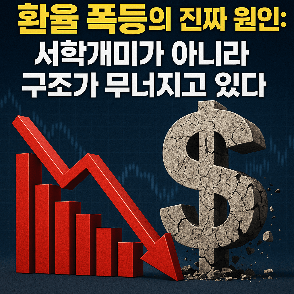 "환율 폭등의 원인을 설명하는 경제 분석 썸네일: 붕괴되는 달러 기호와 급락 그래프를 통해 한국 원화 약세의 구조적 문제를 강조한 이미지"