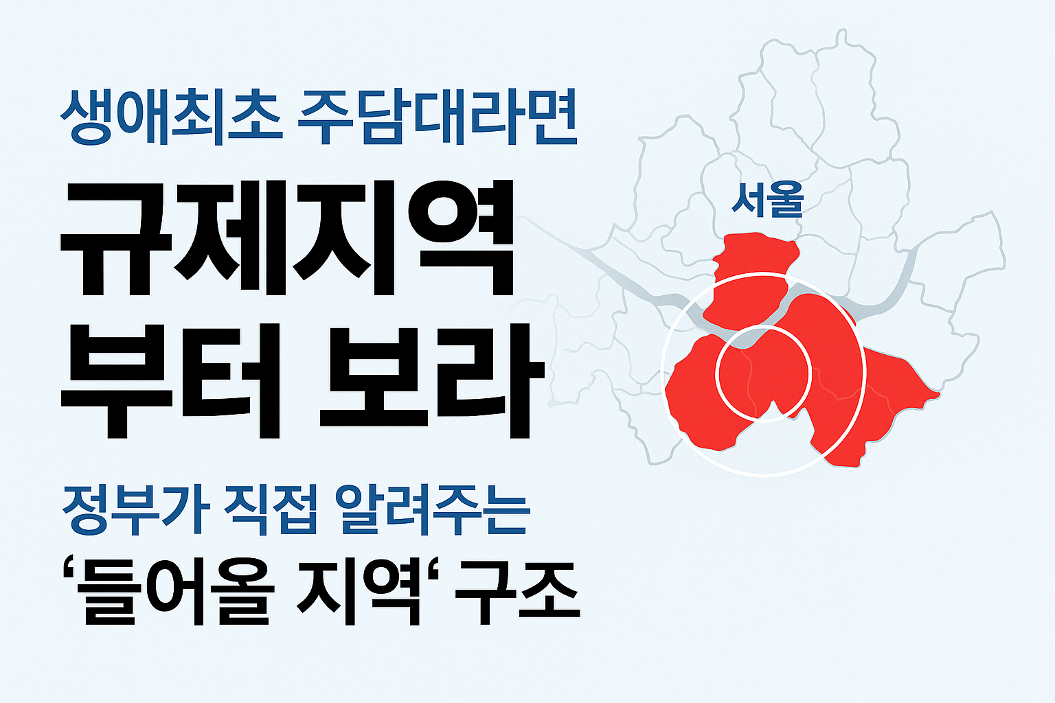 정부가 시장 신호를 보내는 규제지역 안내 썸네일 이미지. 생애최초 주담대가 집중해야 할 핵심 지역을 강조한 디자인.