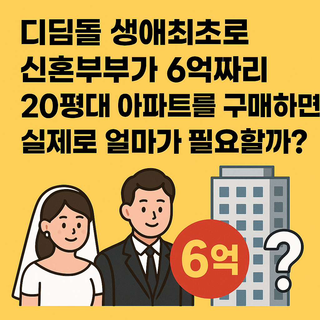 신혼부부 일러스트와 아파트 그림이 있는 썸네일로, ‘디딤돌 생애최초로 6억짜리 20평대 아파트를 구매하면 실제로 얼마가 필요할까?’라는 문구가 크게 적혀 있는 이미지