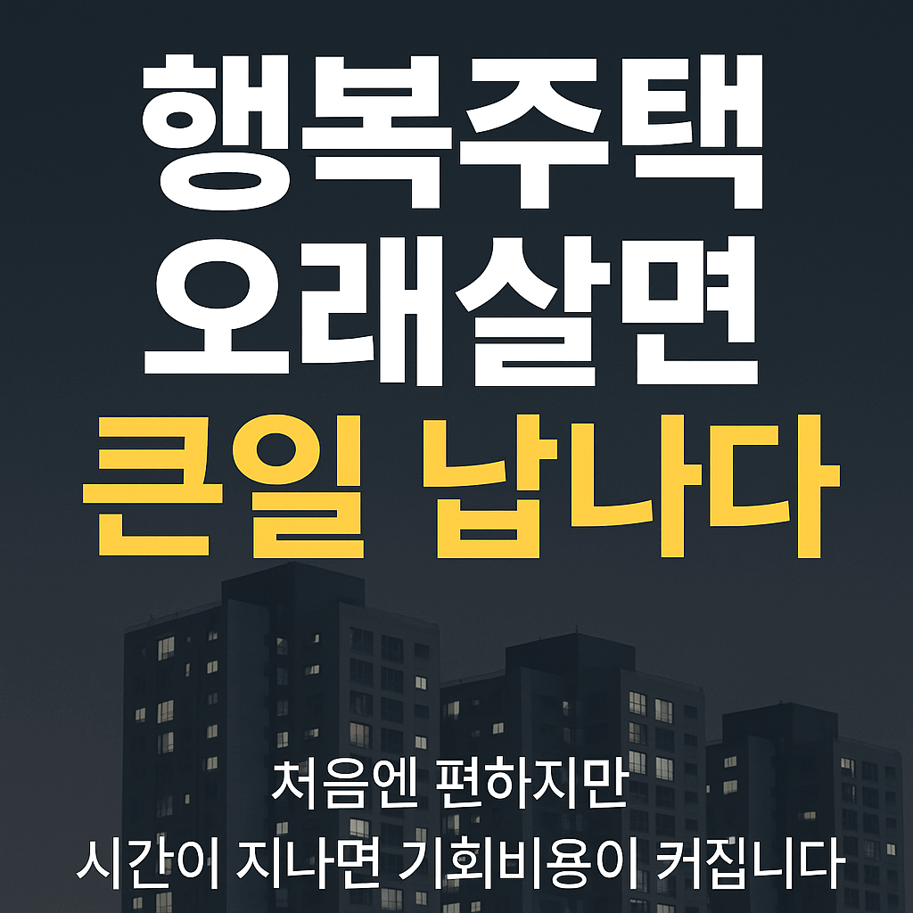 행복주택에서 오래 살면 기회비용이 커진다는 내용을 강조한 썸네일 이미지. 어두운 아파트 단지 배경 위에 “행복주택 오래 살면 큰일 납니다”라는 문구가 쓰여 있음.