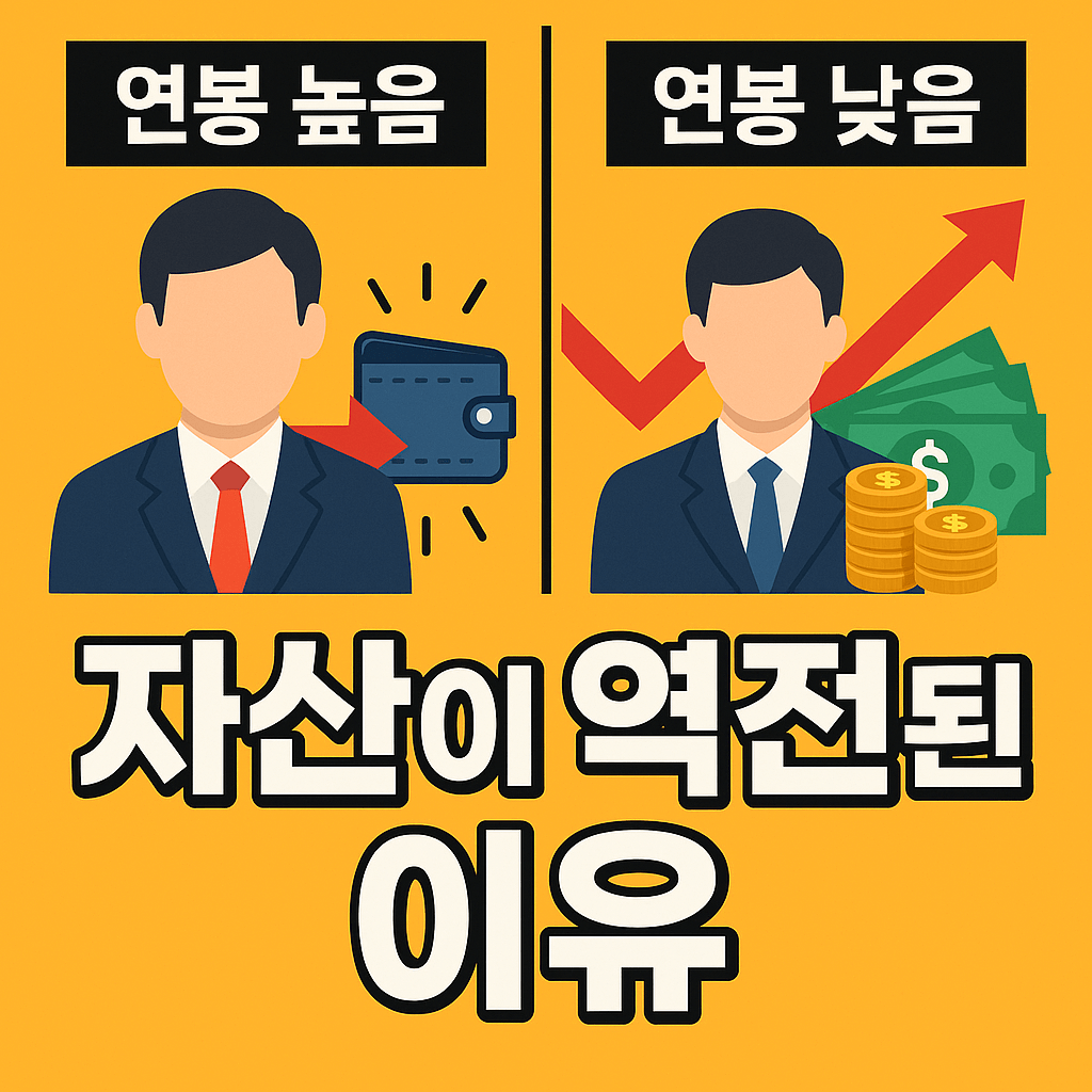 높은 실수령액과 낮은 실수령액 비교 이미지, 시간이 지나 자산이 역전되는 상황 표현.