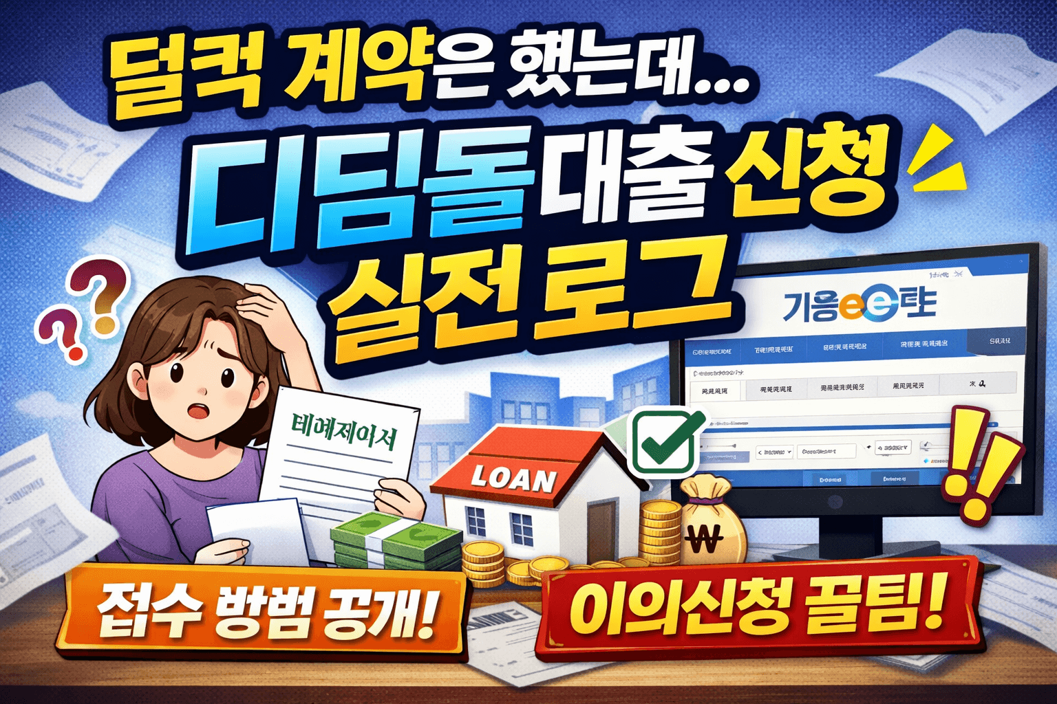 디딤돌대출 신청 과정과 기금e든든 접수 화면, 주택 대출 서류를 들고 고민하는 모습과 이의신청 포인트를 강조한 썸네일 이미지