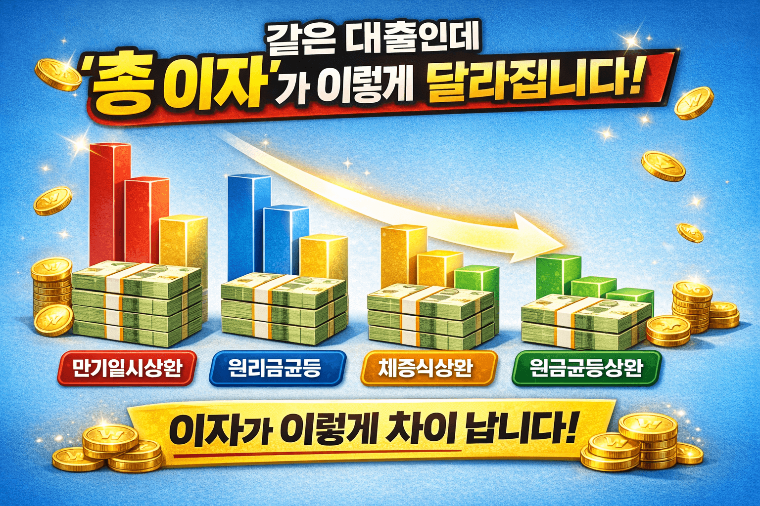 같은 대출이라도 상환 방식에 따라 총 이자가 달라지는 것을 비교한 금융 인포그래픽 이미지