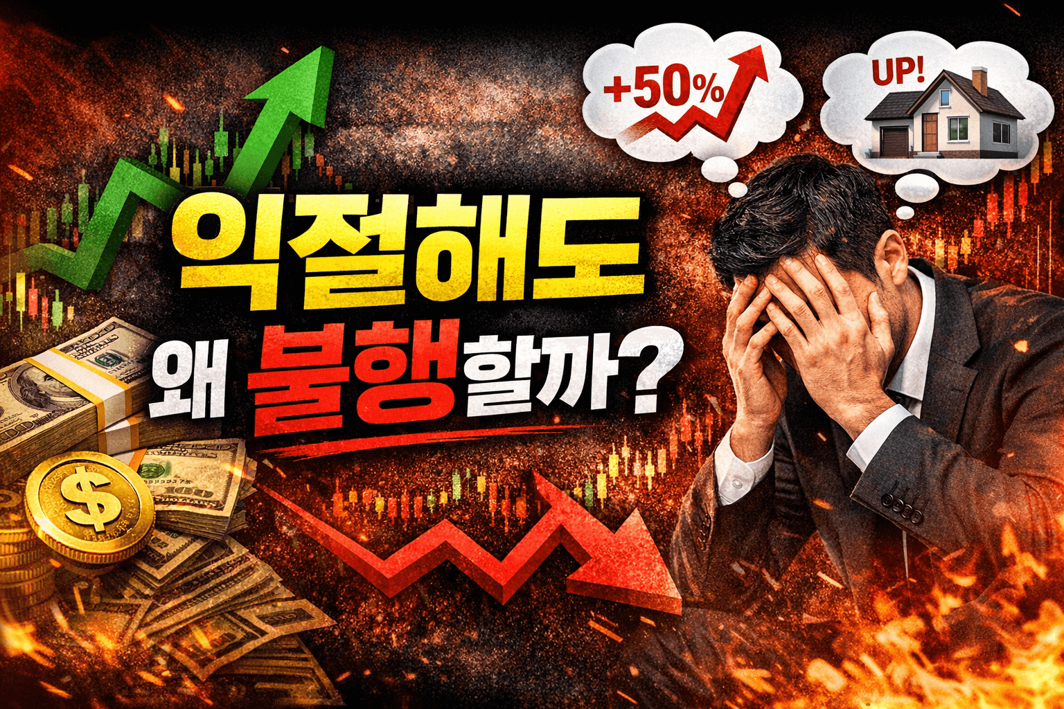 익절했지만 더 큰 수익을 놓쳤다는 생각에 불안해하는 투자자를 표현한 썸네일 이미지, 수익 상승 그래프와 고민하는 투자자의 대비를 통해 선택 후 남는 아쉬움과 투자 심리를 나타냄