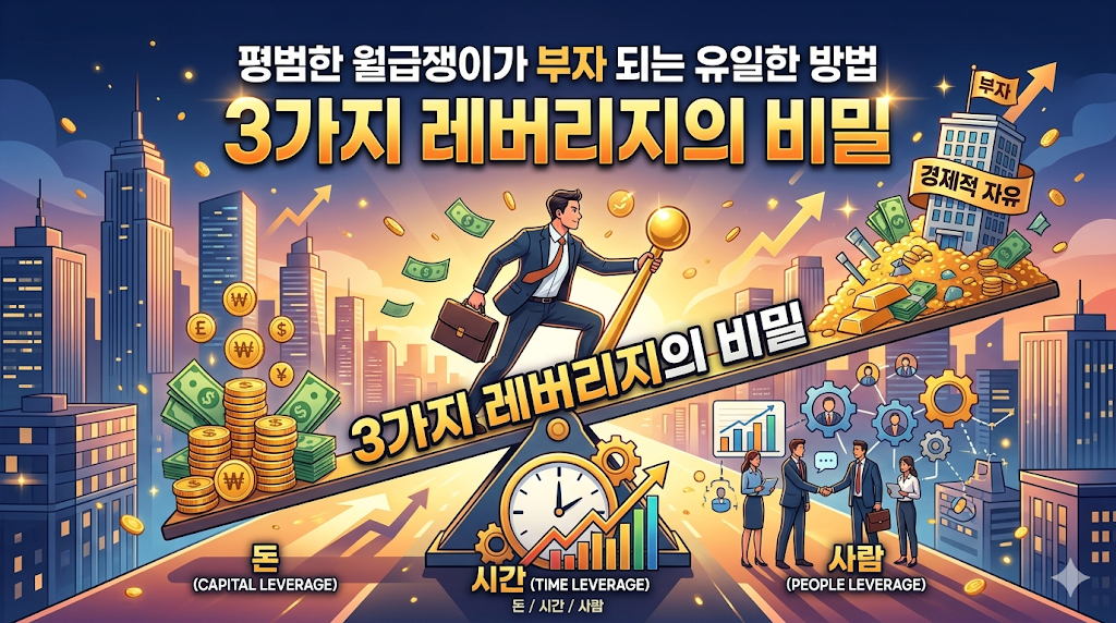 평범한 월급쟁이가 부자 되는 유일한 방법: 돈, 시간, 사람 세 가지 레버리지 유형을 설명하는 인포그래픽 일러스트