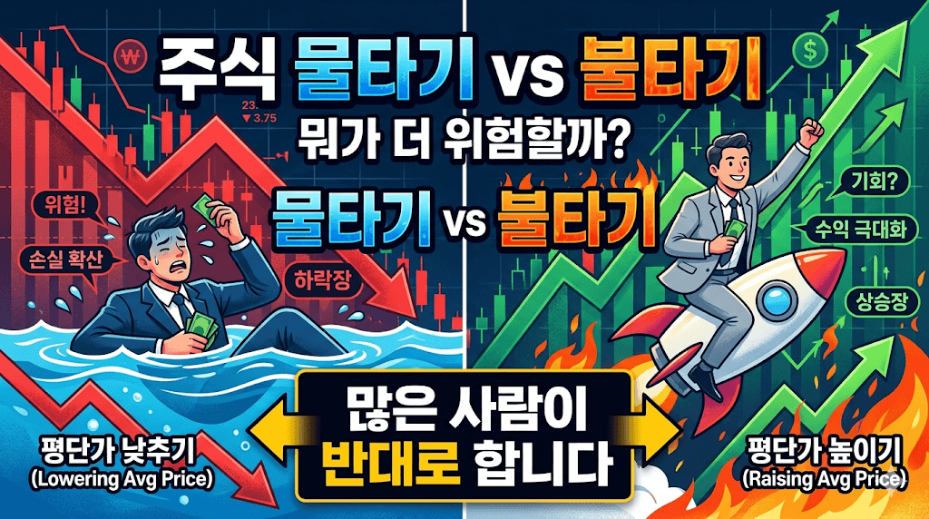 물타기와 불타기의 차이, 실제 리스크를 비교한 투자 개념 이미지