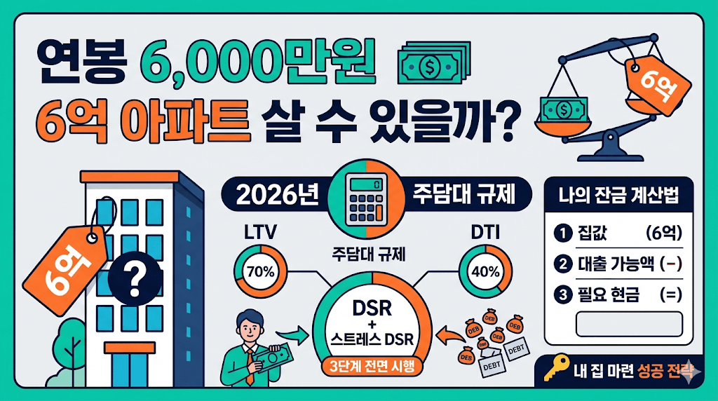 2026년 주담대 규제와 연봉 6000만원 직장인의 6억 아파트 매수 가능 여부를 분석하는 경제 블로그 포스팅 대표 이미지