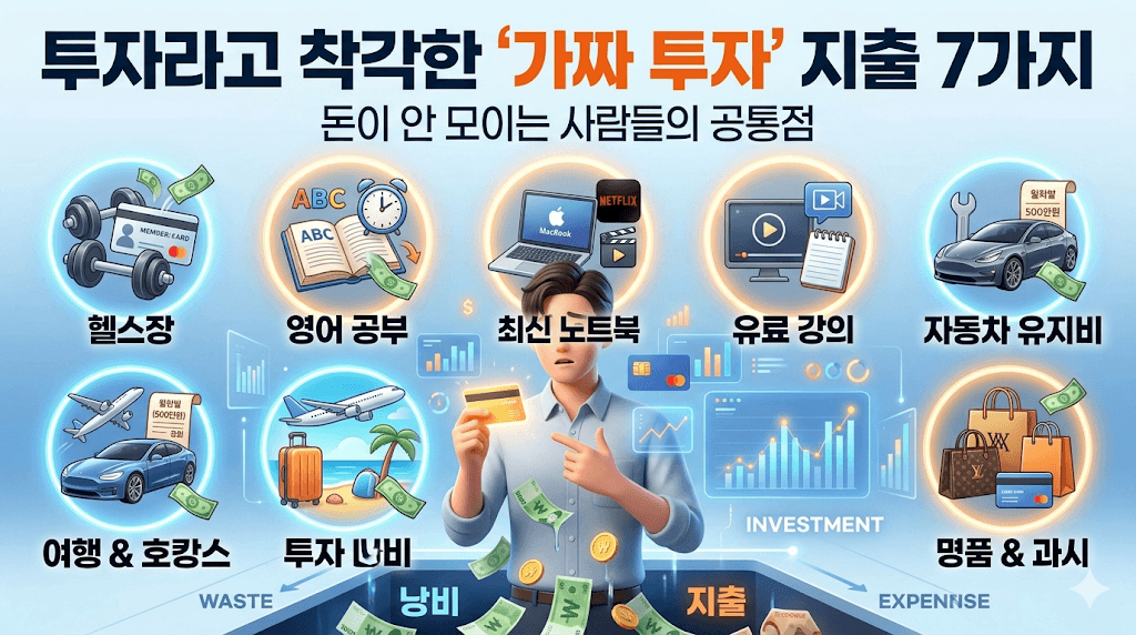 투자라고 착각하기 쉬운 지출 7가지를 다룬 블로그 썸네일