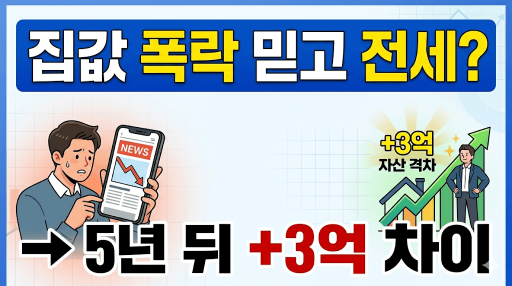 집값 폭락 뉴스 믿고 전세 선택하면 5년 뒤 자산 격차가 크게 벌어질 수 있습니다.