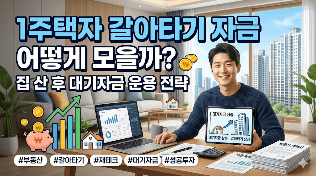 1주택자 갈아타기 자금 마련 전략과 부동산 대기자금 운용법을 설명하는 남성과 노트북 화면