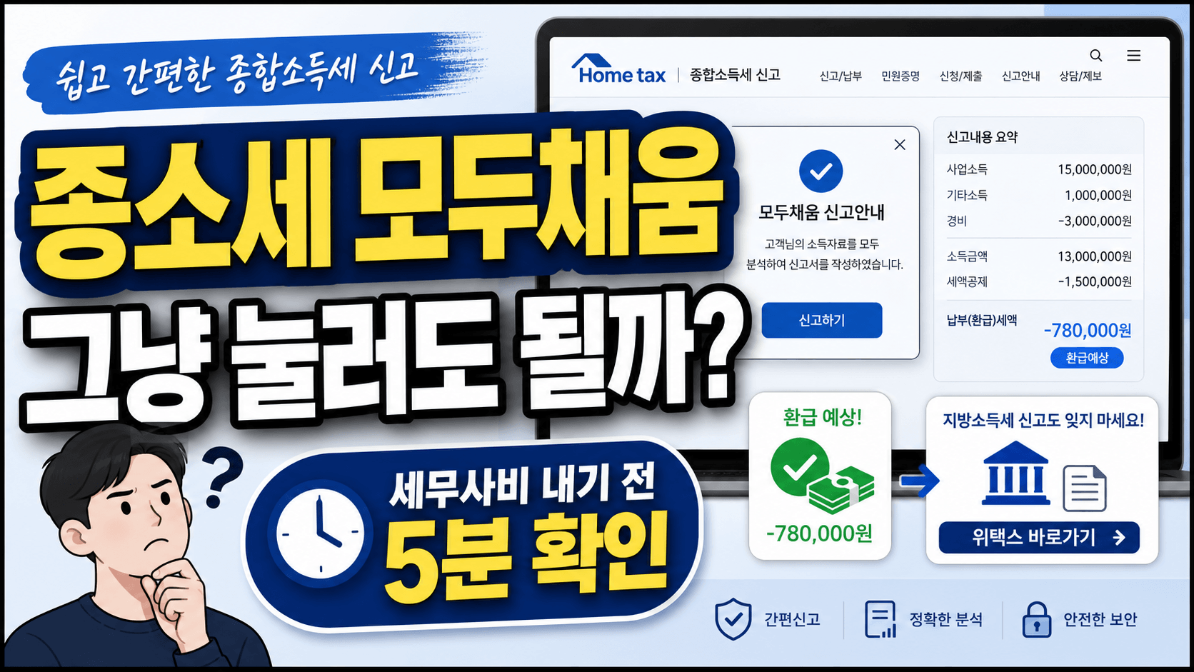 종합소득세 모두채움 신고 방법과 세무사비 내기 전 확인할 내용을 정리한 썸네일 이미지