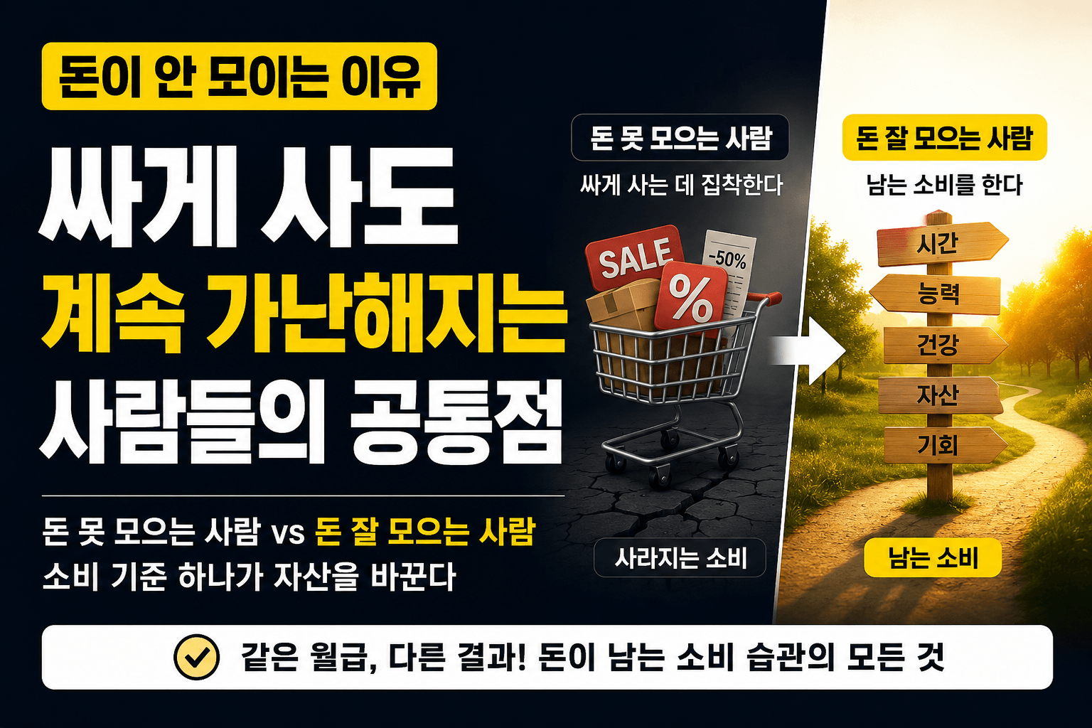 돈이 안 모이는 이유와 돈 잘 모으는 사람의 소비 습관 차이를 비교한 썸네일