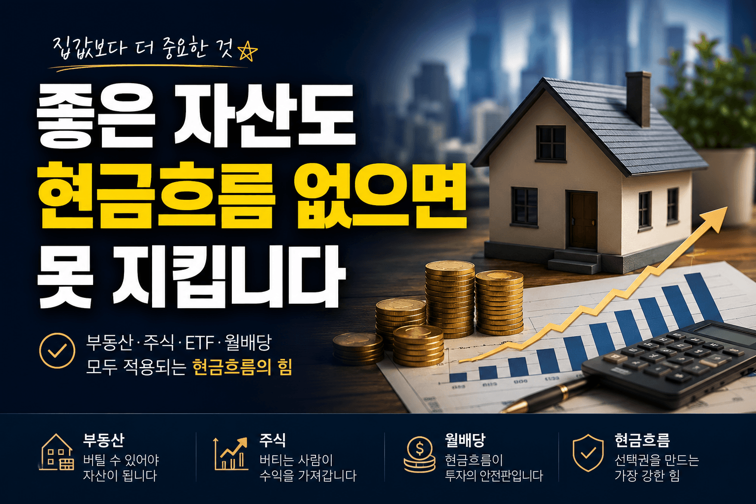 좋은 자산도 현금흐름 없으면 못 지킨다는 메시지를 담은 부동산, 주식, ETF, 월배당 투자 썸네일