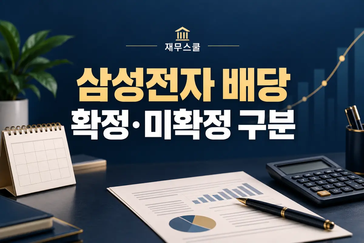 삼성전자 배당의 확정·미확정 구분을 안내하는 재무스쿨 표지와 달력·서류·계산기 그림