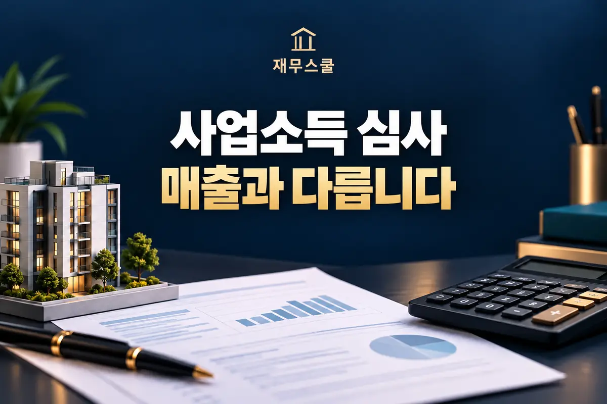 사업소득 심사와 매출의 차이를 설명하는 제목, 아파트·소득서류·계산기를 배치한 재무스쿨 표지
