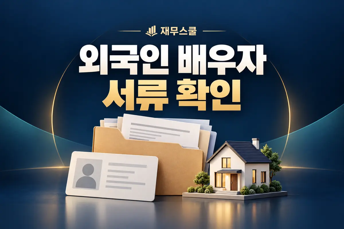 외국인 배우자 서류 확인이라는 제목과 주택·서류 폴더를 배치한 재무스쿨 표지