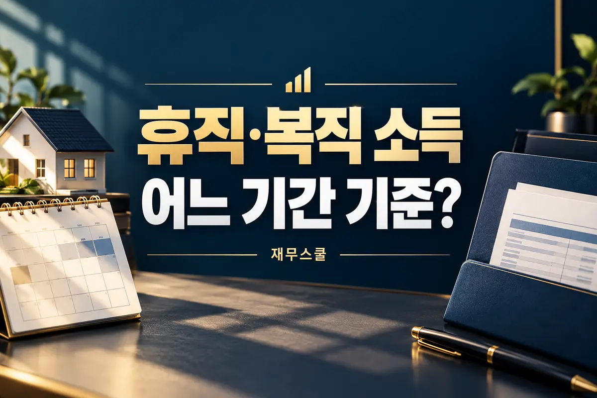 휴직·복직 소득 어느 기간 기준이라는 질문과 주택·달력·급여서류를 배치한 재무스쿨 표지
