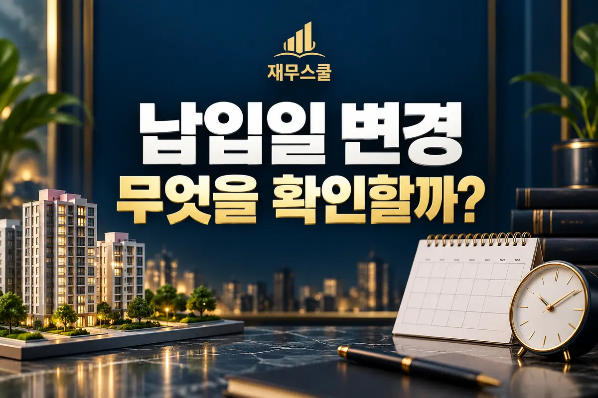 납입일 변경 시 무엇을 확인할지 묻는 제목과 아파트·달력·시계를 배치한 재무스쿨 표지
