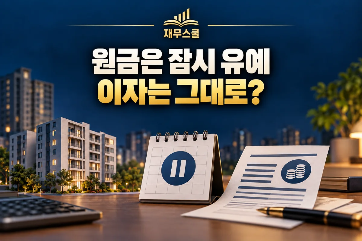 원금은 잠시 유예, 이자는 그대로라는 질문과 아파트·달력·납입서류를 담은 재무스쿨 표지