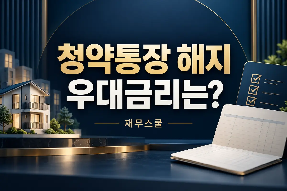 청약통장 해지 우대금리는이라는 질문과 주택·통장·체크리스트를 배치한 재무스쿨 표지
