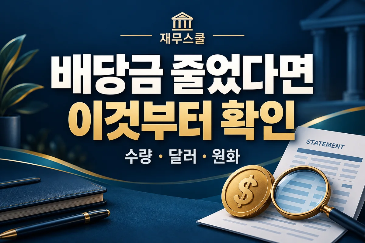 배당금 줄었다면 이것부터 확인이라는 제목과 수량·달러·원화 점검 항목을 담은 재무스쿨 표지