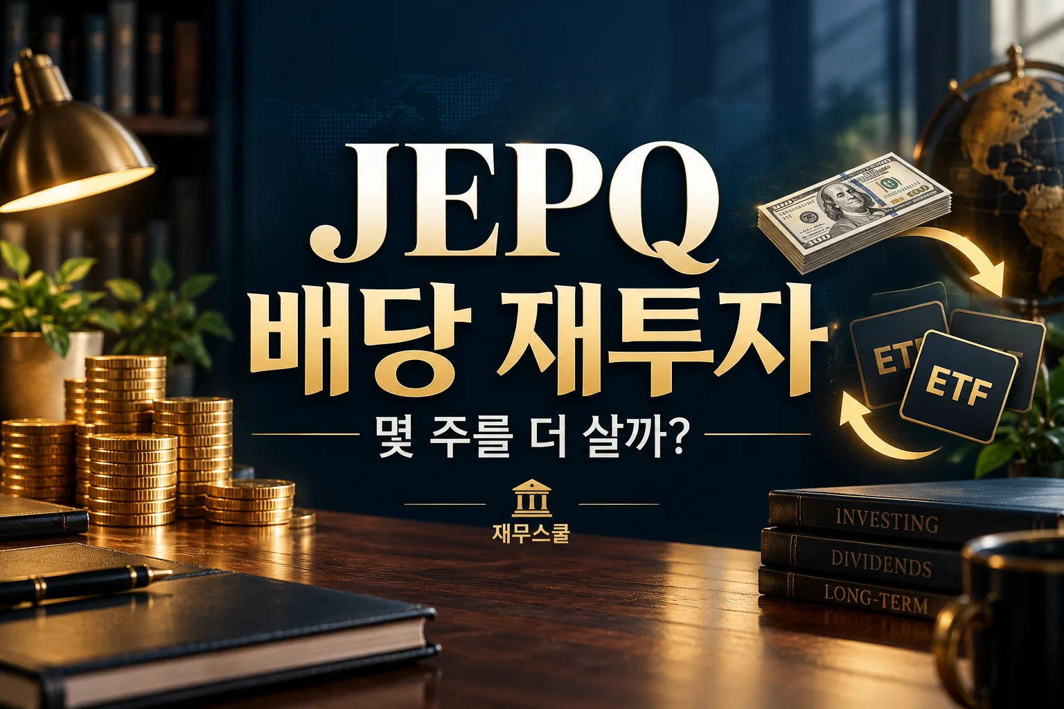 JEPQ 배당 재투자로 몇 주를 더 살 수 있는지 안내하는 재무스쿨 표지