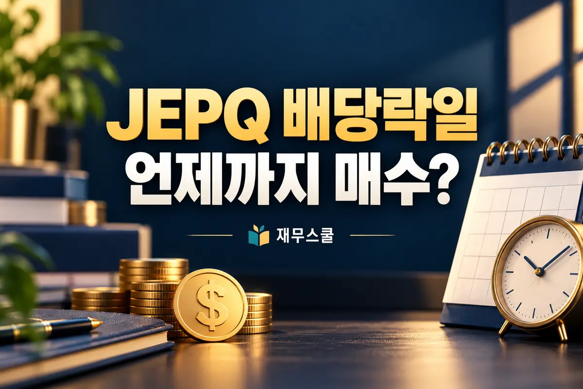 JEPQ 배당락일 언제까지 매수라는 질문과 달력·시계를 배치한 재무스쿨 표지
