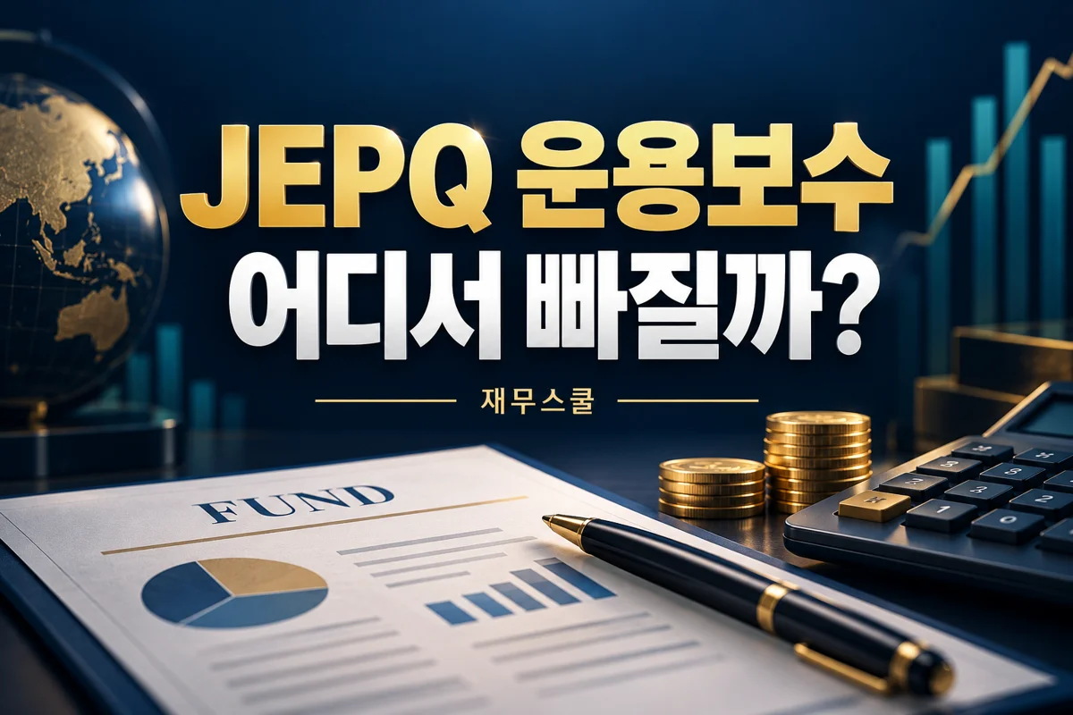 JEPQ 운용보수는 어디서 빠질까라는 질문과 펀드 서류·계산기를 담은 재무스쿨 표지