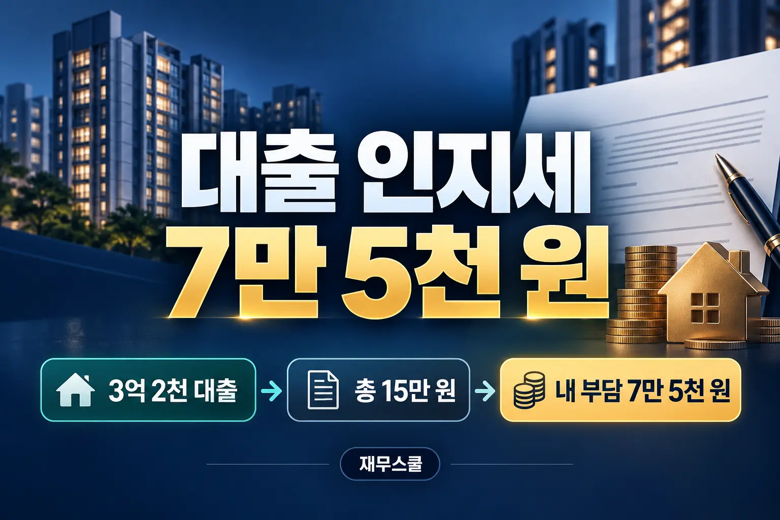 3억 2천만 원 대출의 총 인지세 15만 원과 고객 부담 7만 5천 원을 설명하는 표지