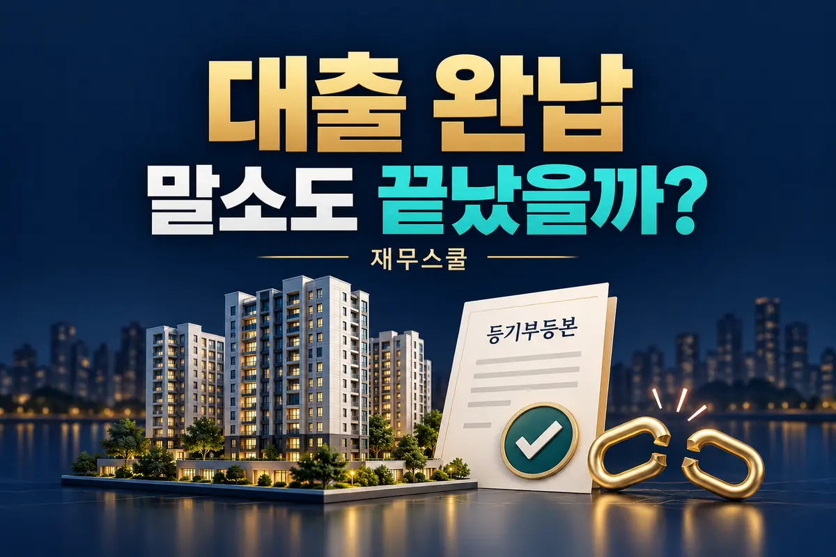 대출 완납 후 말소도 끝났는지 묻는 제목과 아파트·등기 문서·끊어진 사슬을 배치한 재무스쿨 표지