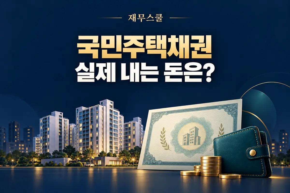 국민주택채권의 실제 부담금을 묻는 재무스쿨 표지와 아파트·채권·지갑 그림